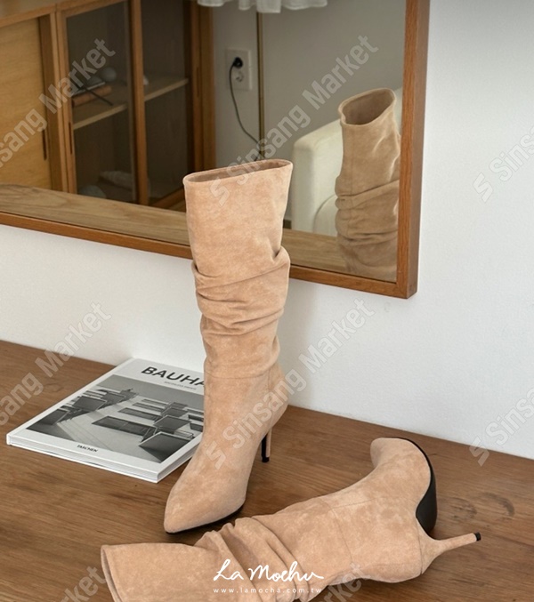 細絨麂皮高跟長筒靴(偏小半號/7CM)